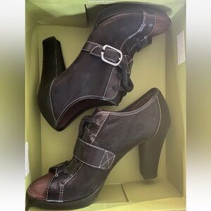 Anthropologie Naya Kasha Black Leather Buckle PeepToe High Heel Booties Shoes